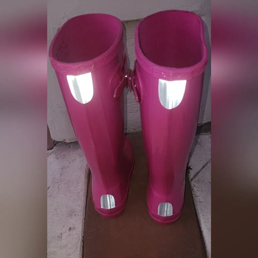 Hunter Tall Shiny Pink Rain Rubber Shiny Vibrant Pink Waterproof Boots Women 5